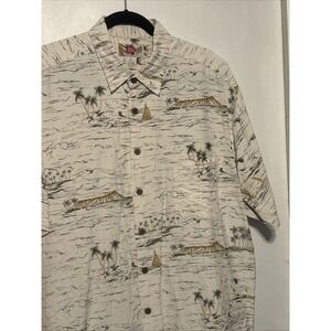Hilo Hattie Aloha Print Hawaiian Men's Beige Colored 70% Silk and 30% Linen  XL